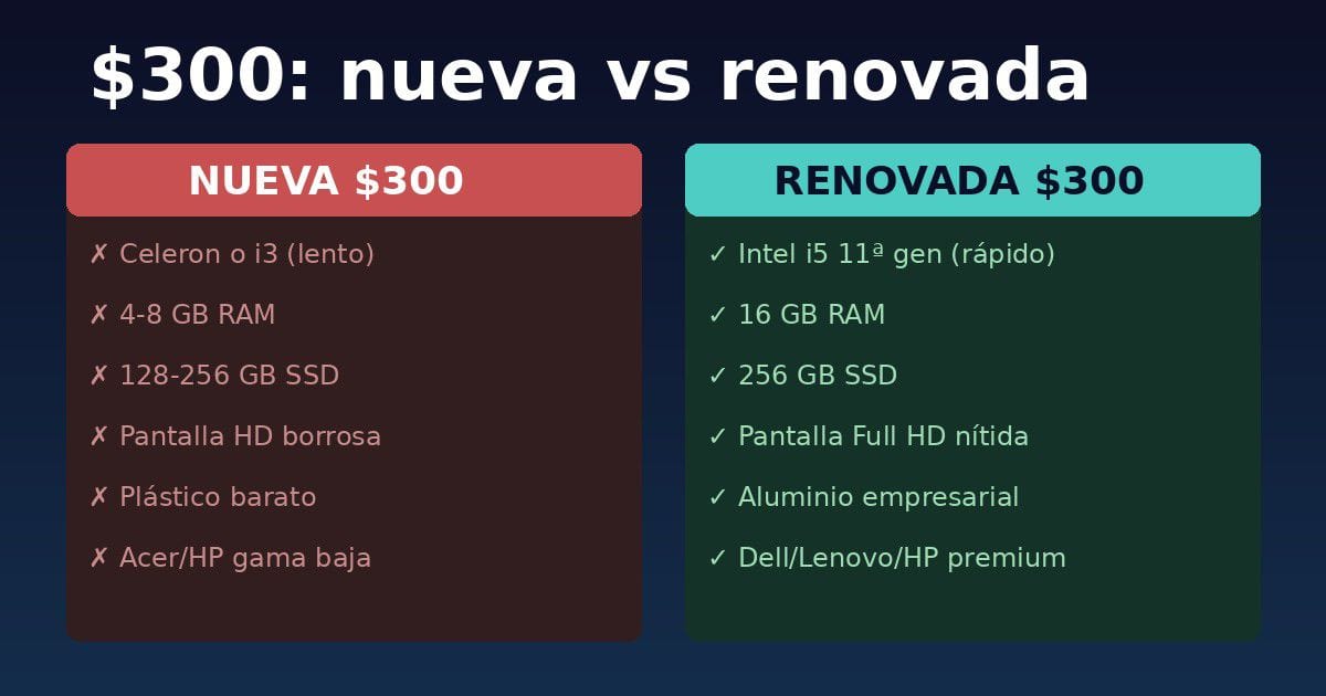 Comparación de lo que obtienes con 300 dólares en laptop nueva versus renovada