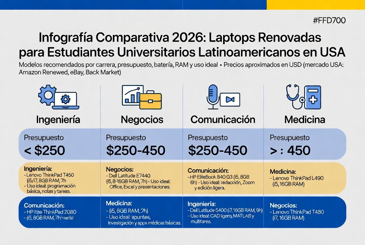 Infografía laptops renovadas por carrera para estudiantes latinos 2026