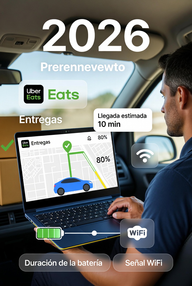 Infografía laptop renovada en uso para delivery drivers 2026