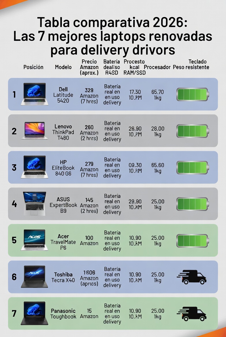 Tabla comparativa 2026 laptops renovadas para delivery drivers Uber Eats DoorDash Amazon Flex