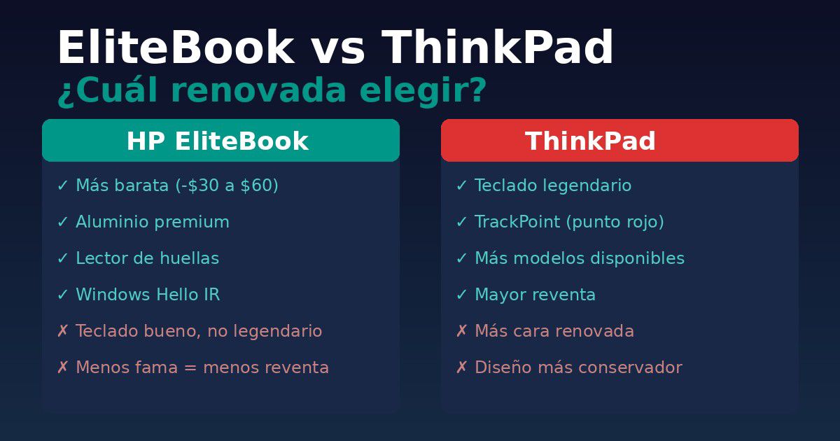 EliteBook vs ThinkPad renovadas Comparativa visual HP EliteBook versus Lenovo ThinkPad renovadas con pros y contras
