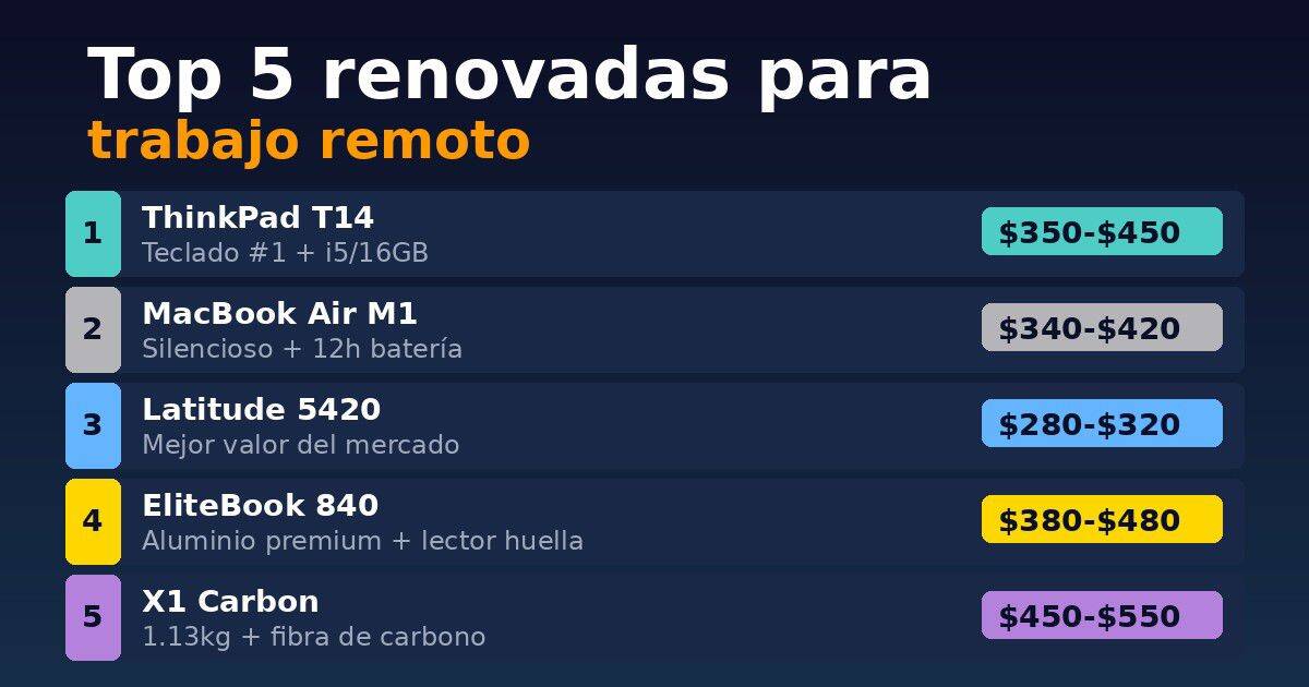 Top 5 laptops renovadas para trabajo remoto con precios y características principales