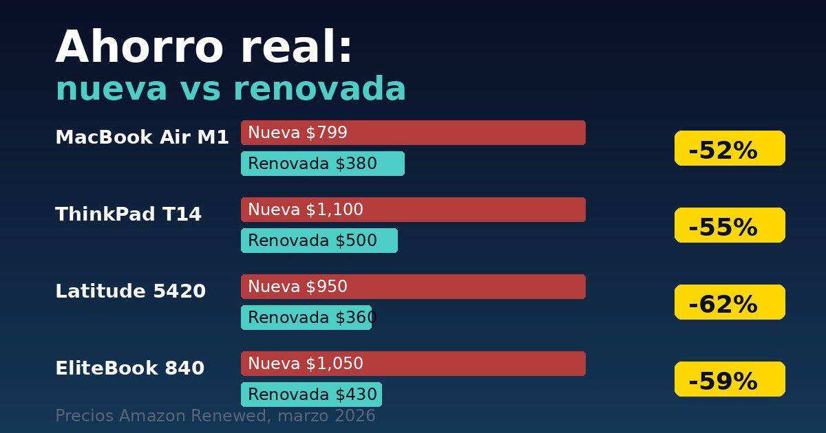 Comparativa de precios entre laptops nuevas y renovadas mostrando ahorro de 50 a 62 por ciento