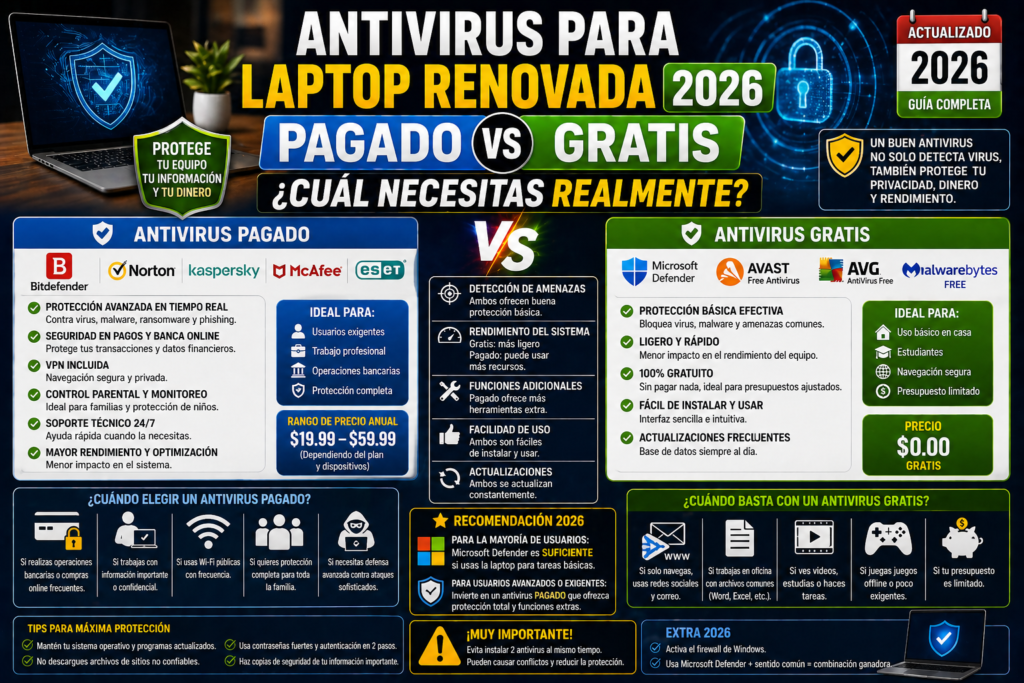 Antivirus para Laptop Renovada 2026 Pagado VS gratis cuál necesitas