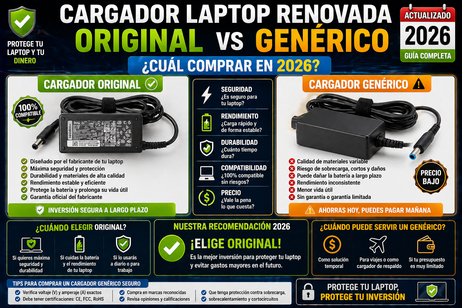 Cargador Laptop Renovada original vs genérico