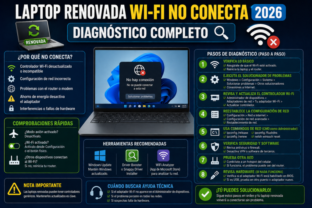 Laptop Renovada Wi-Fi no conecta 2026: Diagnóstico Completo
