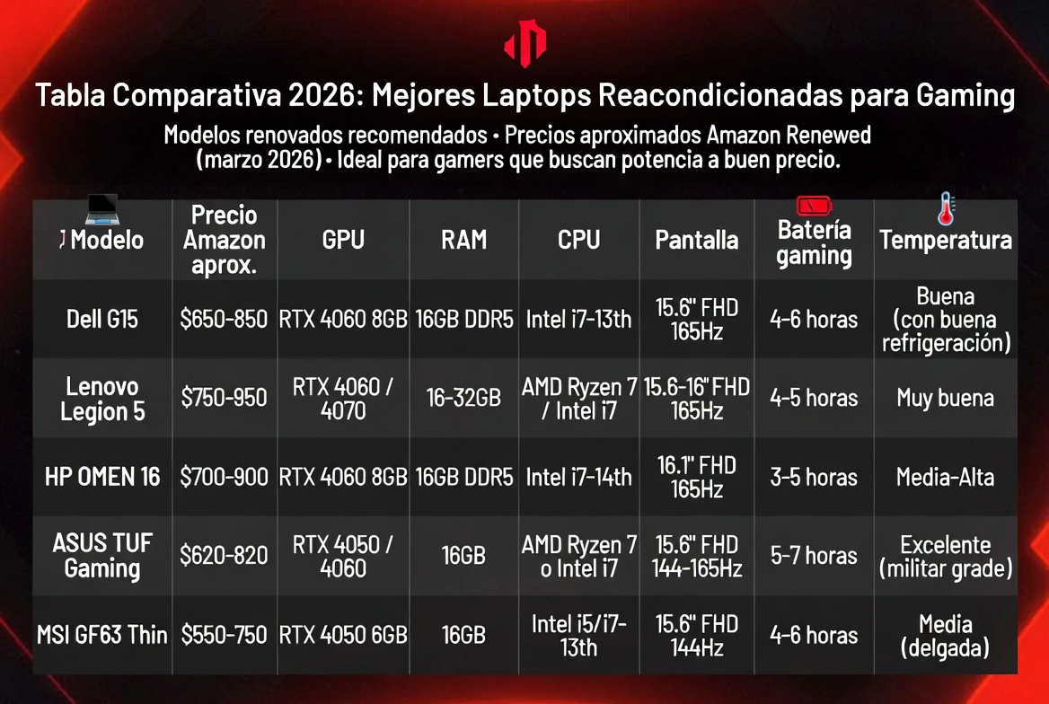 Tabla comparativa laptops reacondicionadas gaming 2026