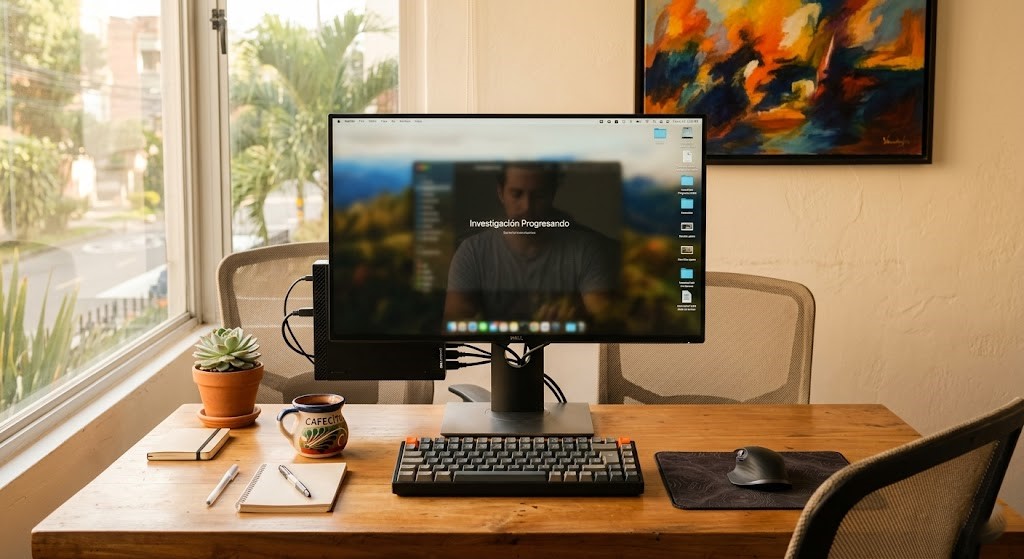 Setup de home office latino con Dell OptiPlex Micro refurbished montada detrás del monitor