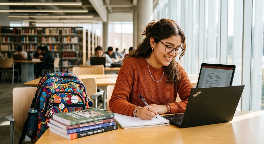Universitaria latina trabajando con laptop ThinkPad refurbished bajo 400 dólares en biblioteca