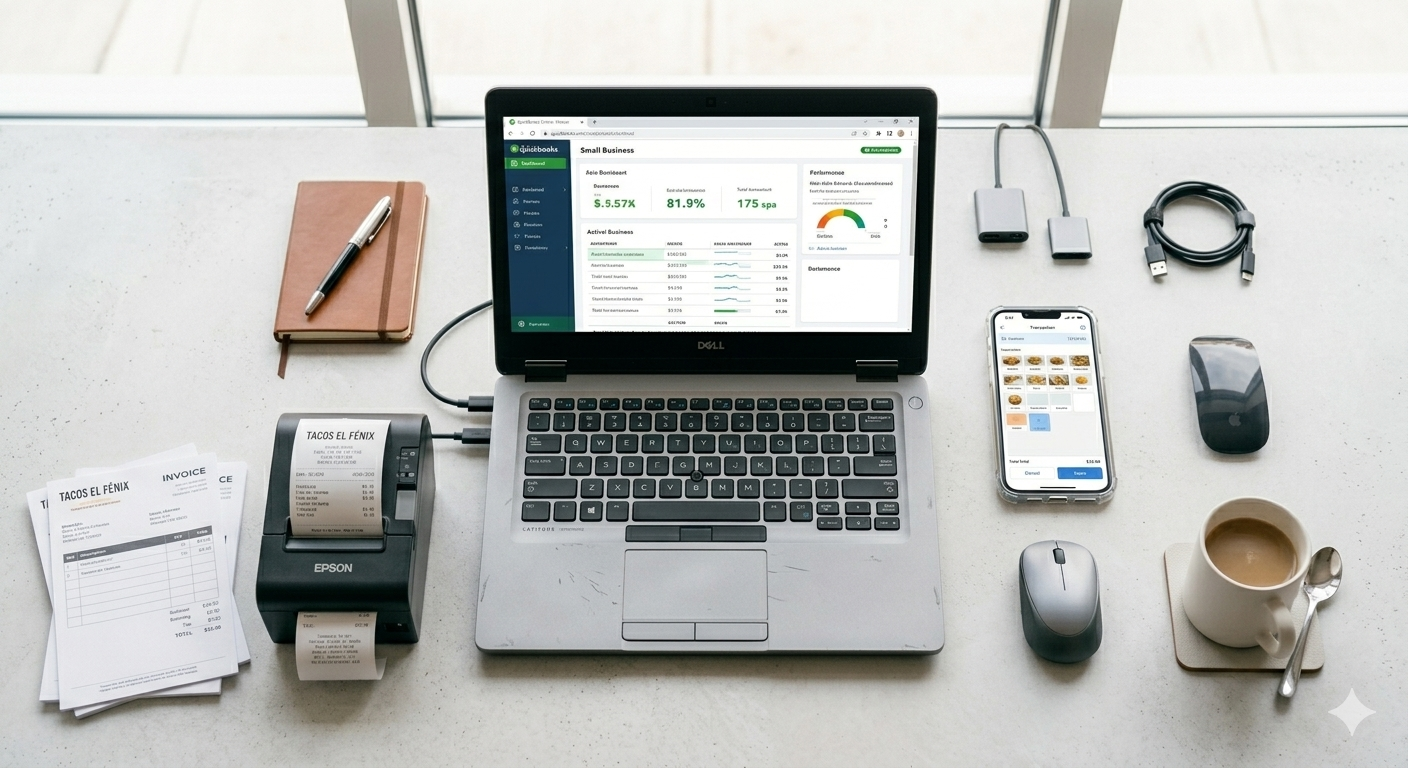 Laptop renovada con herramientas de negocio QuickBooks y Square para emprendedores latinos