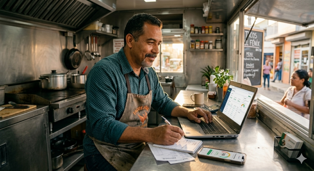 Emprendedor latino usando laptop renovada para gestionar su negocio en USA