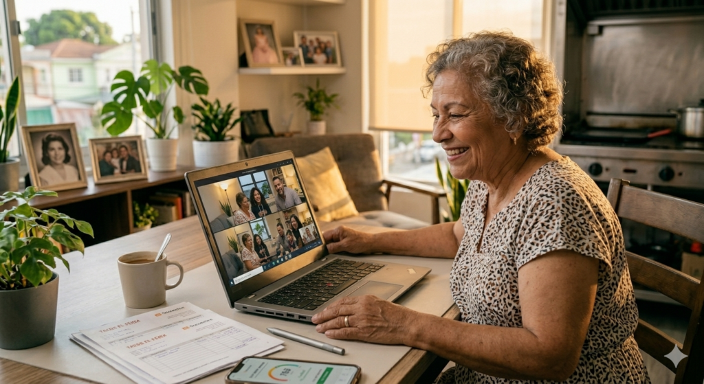 Abuela latina haciendo videollamada con laptop renovada a su familia