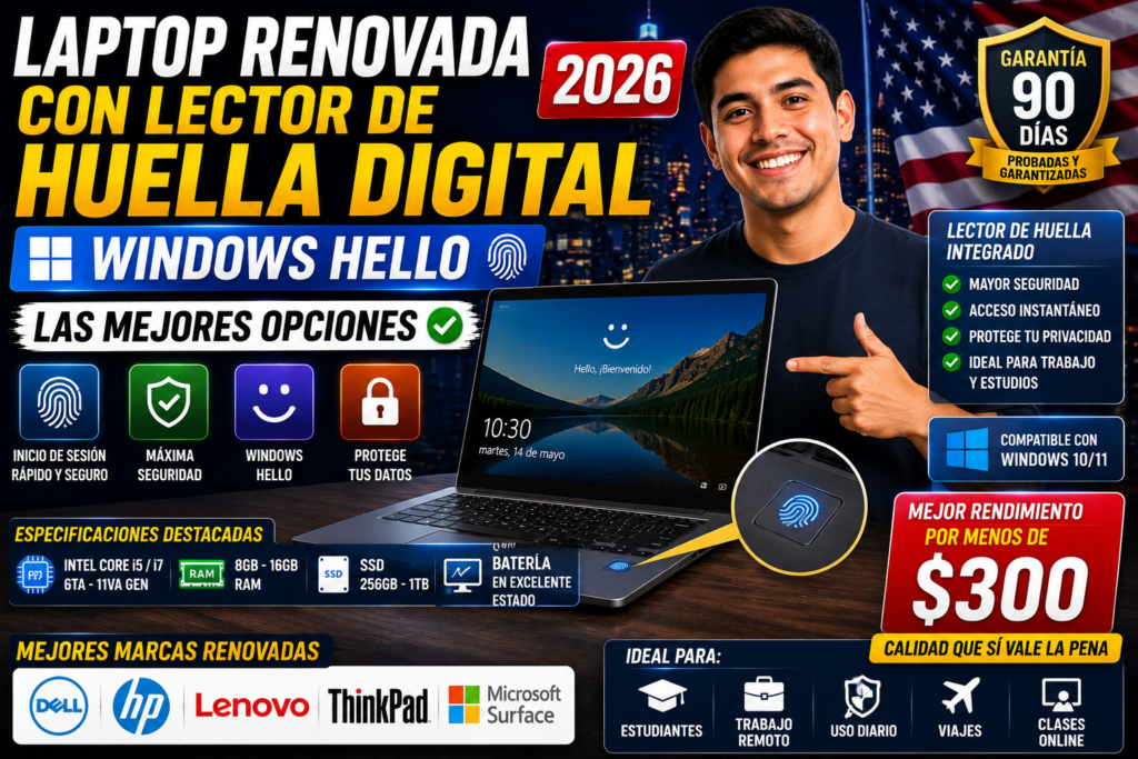Laptop Renovada con Lector de Huella Digital Windows Hello