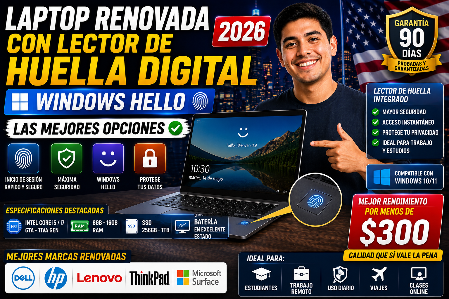 Laptop Renovada con Lector de Huella Digital Windows Hello
