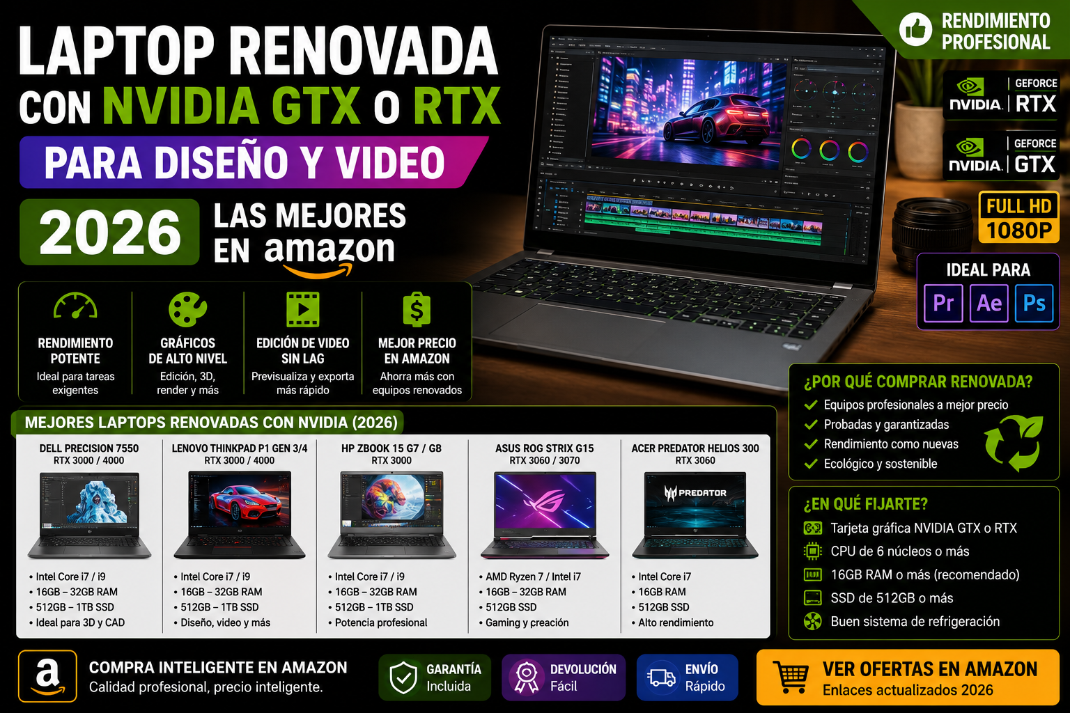 Laptop Renovada con NVIDIA GTX o RTX para Diseño y Video