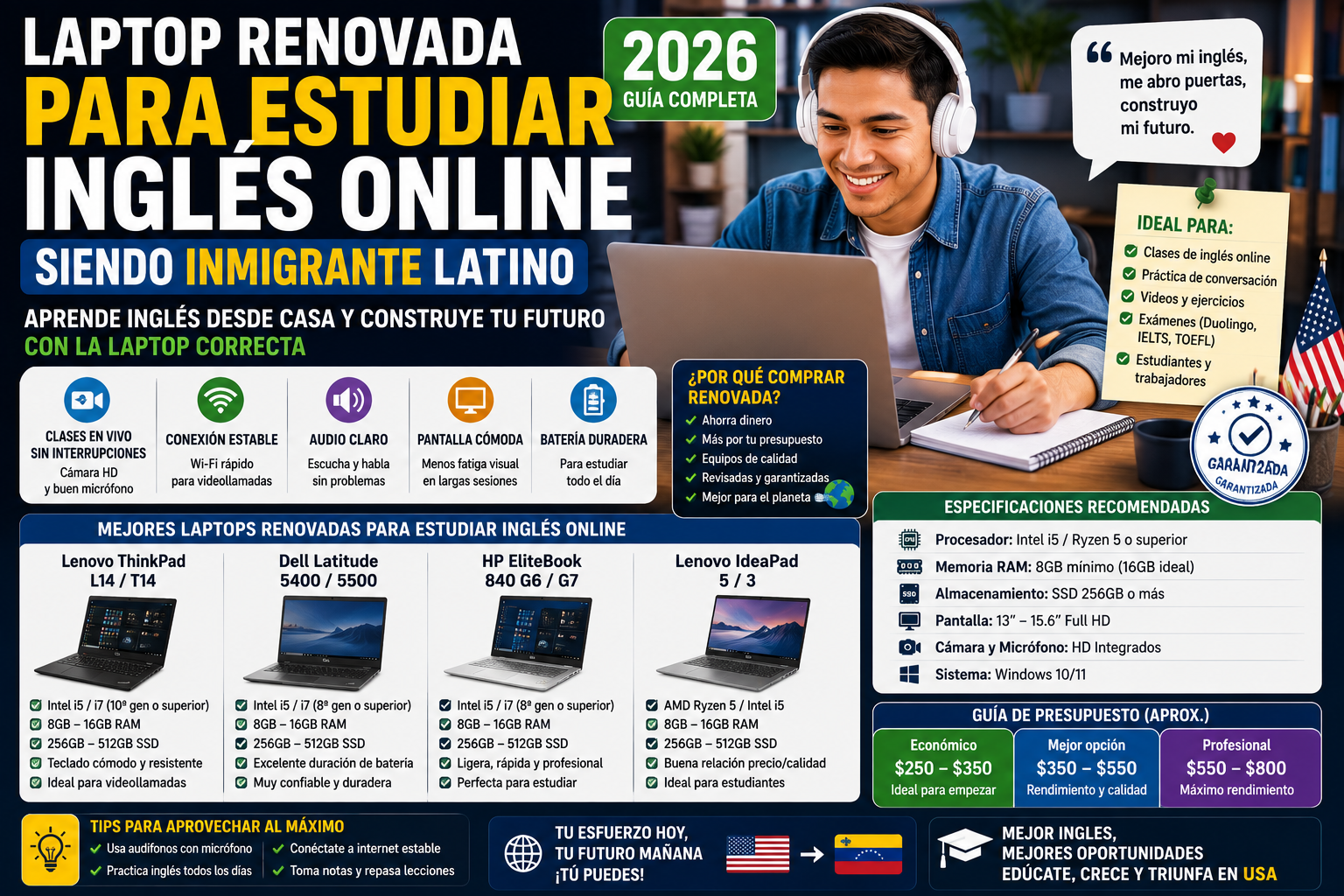 Laptop Renovada para Estudiar Inglés Online siendo Inmigrante Latino