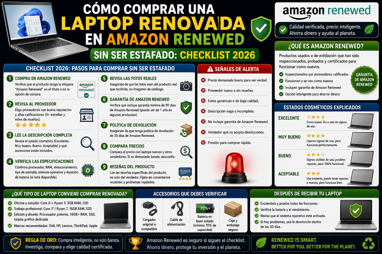 Comprar laptop renovada amazon renewed no ser estafado checklist 2026