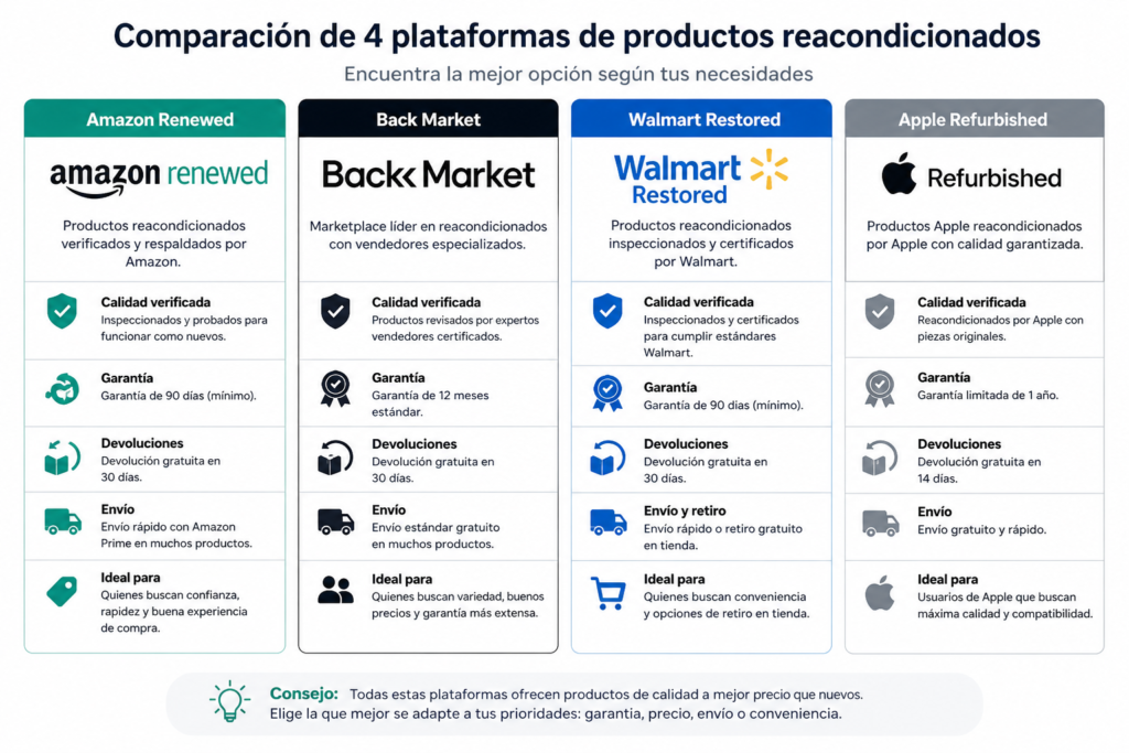 Plataformas para comprar laptops renovadas en USA - Amazon Renewed Back Market Walmart Apple