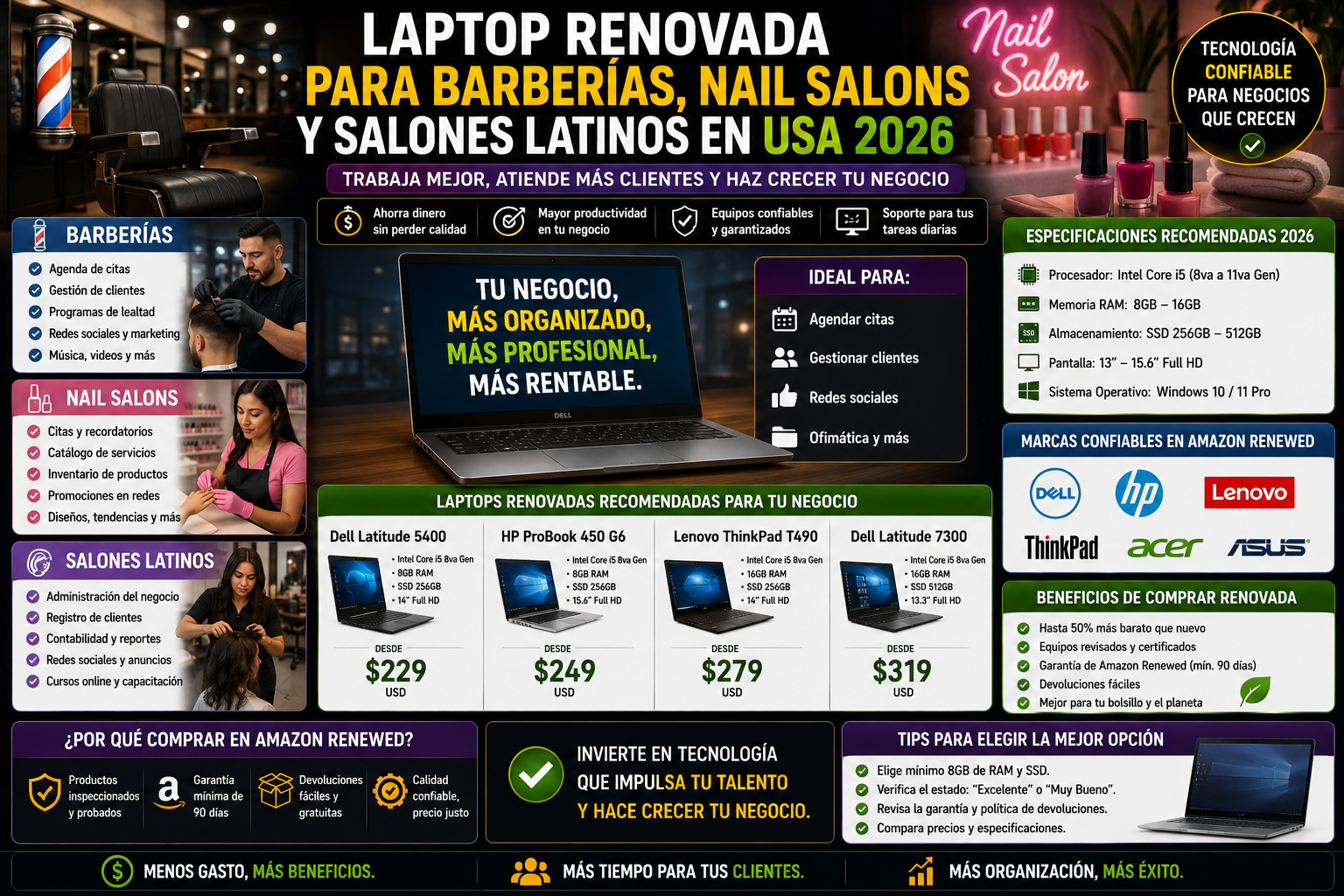 Laptop renovada barberias salones latinos usa 2026