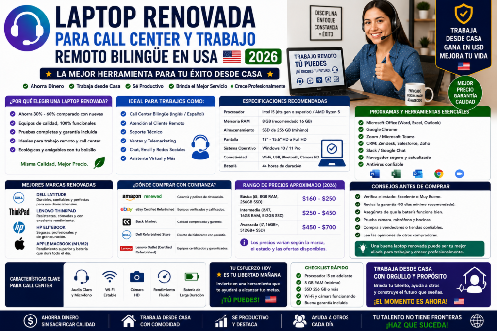 Laptop Renovada para Call Center y Trabajo Remoto Bilingüe en USA 2026