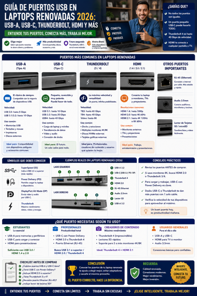Guía de Puertos USB en Laptops Renovadas 2026: USB-A, USB-C, Thunderbolt, HDMI y Más