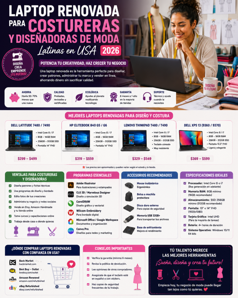 Laptop Renovada para Costureras y Diseñadoras de Moda Latinas en USA 2026