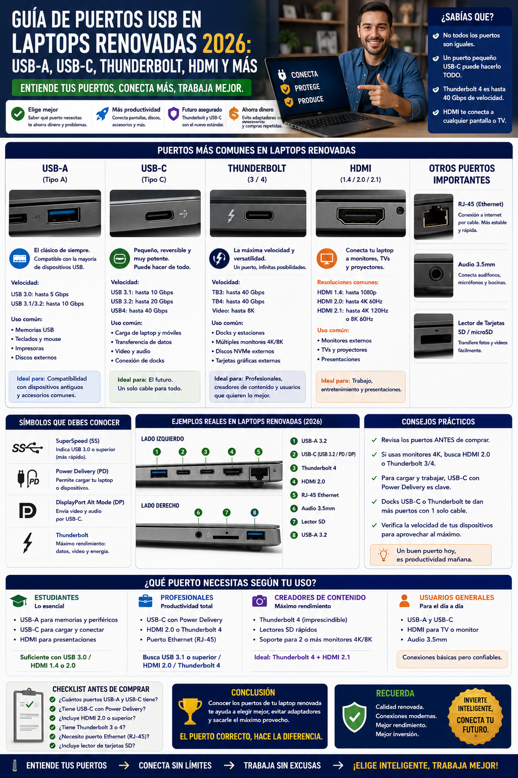 Guía de Puertos USB en Laptops Renovadas 2026: USB-A, USB-C, Thunderbolt, HDMI y Más