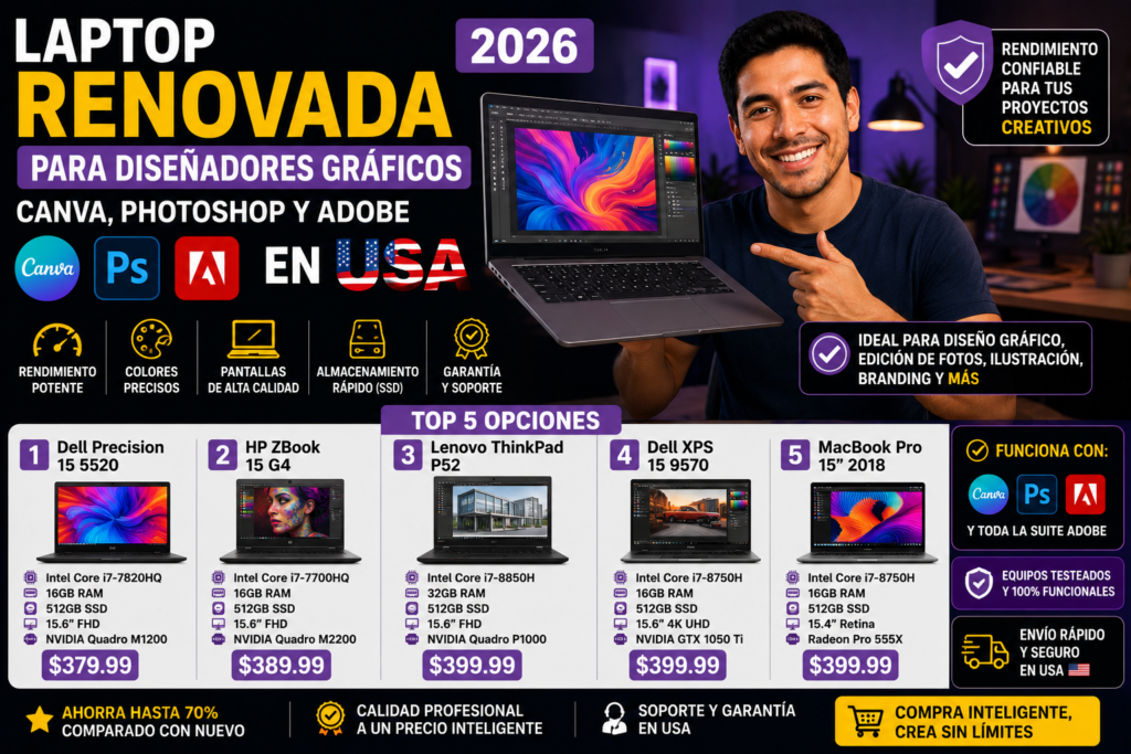 Laptop Renovada para Diseñadores Gráficos 2026: Canva, Photoshop y Adobe en USA