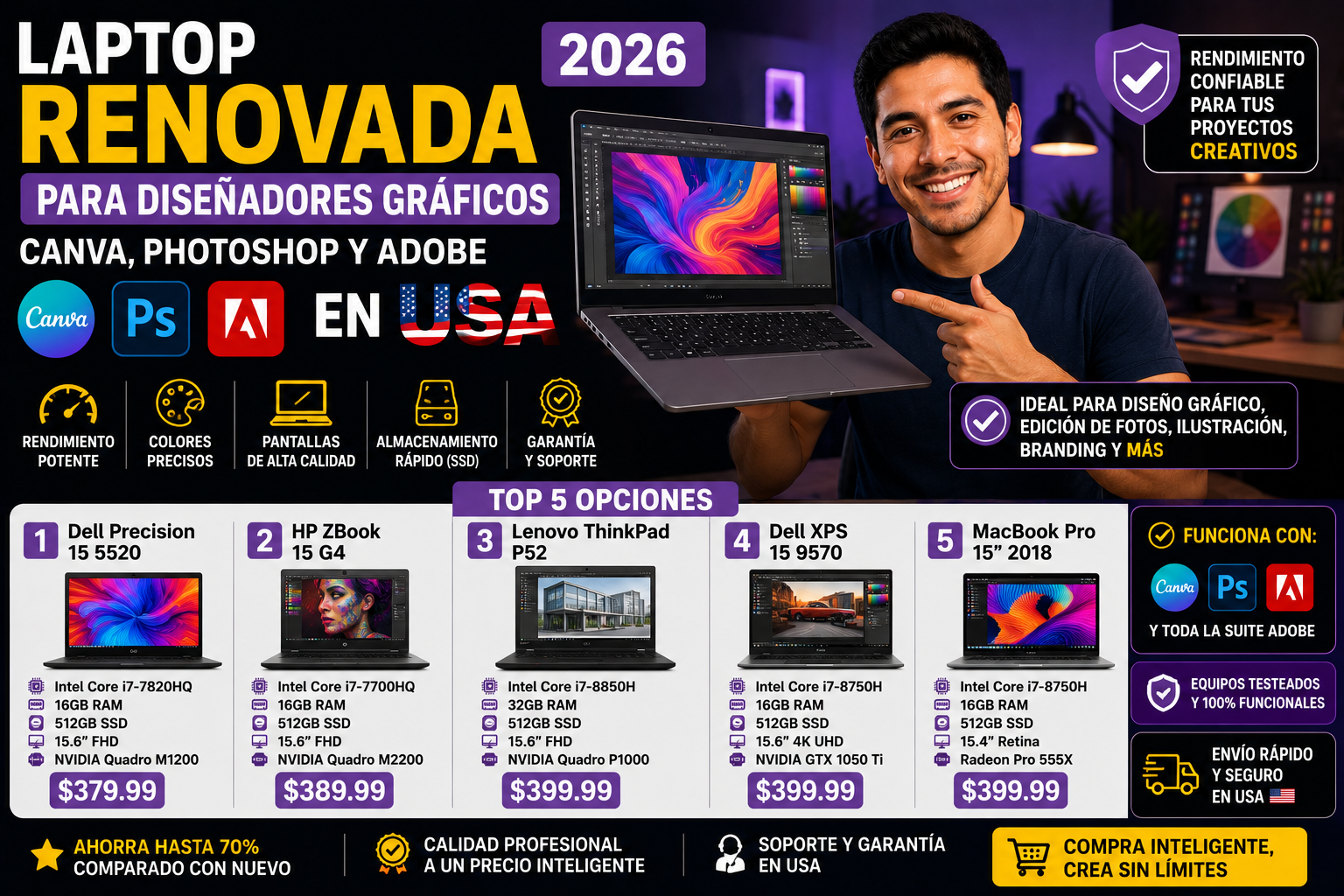 Laptop Renovada para Diseñadores Gráficos 2026: Canva, Photoshop y Adobe en USA