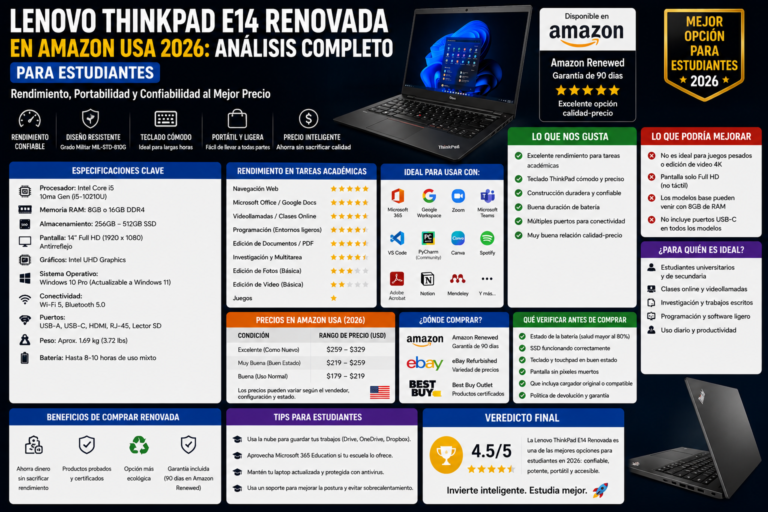 Lenovo ThinkPad E14 Renovada en Amazon USA 2026: Análisis Completo para Estudiantes