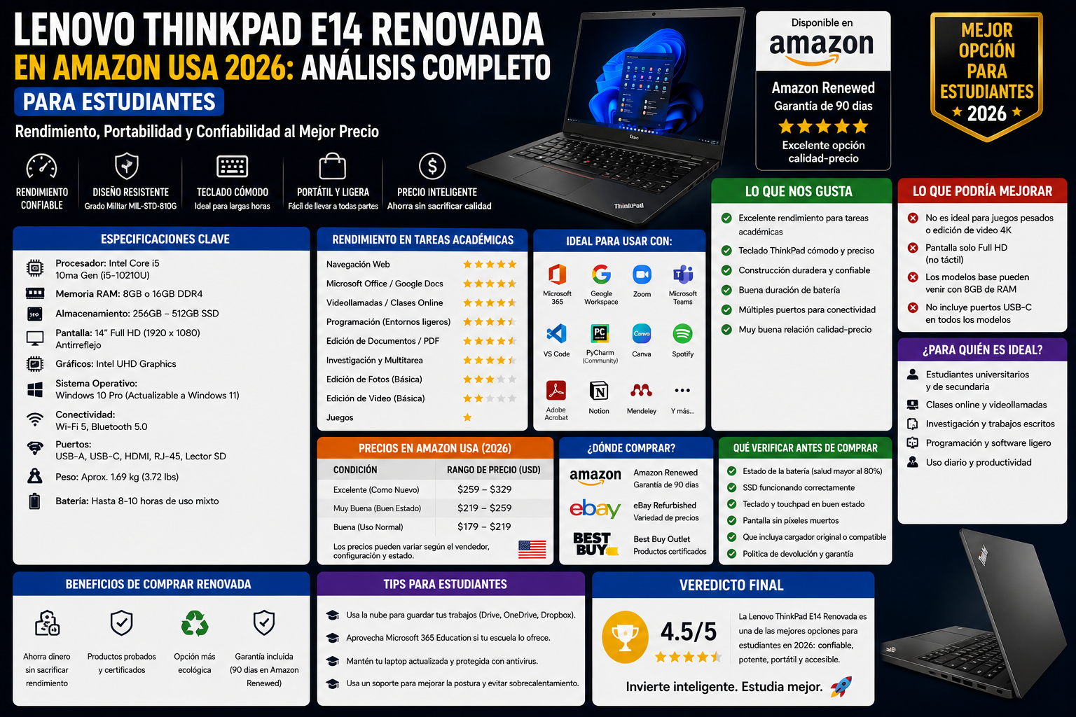 Lenovo ThinkPad E14 Renovada en Amazon USA 2026: Análisis Completo para Estudiantes