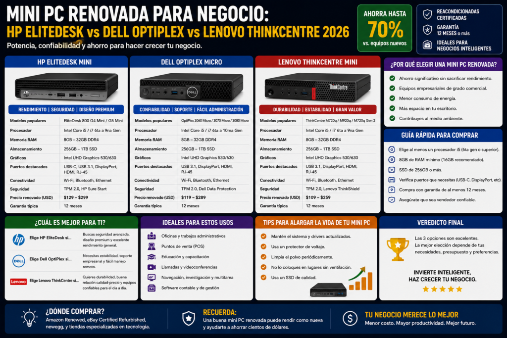 Mini PC Renovada para Negocio: HP EliteDesk vs Dell OptiPlex vs Lenovo ThinkCentre 2026