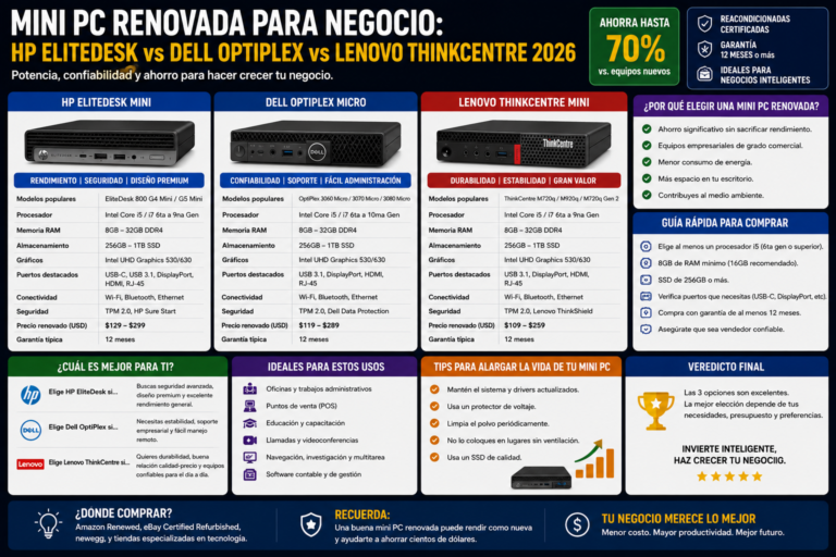 Mini PC Renovada para Negocio: HP EliteDesk vs Dell OptiPlex vs Lenovo ThinkCentre 2026